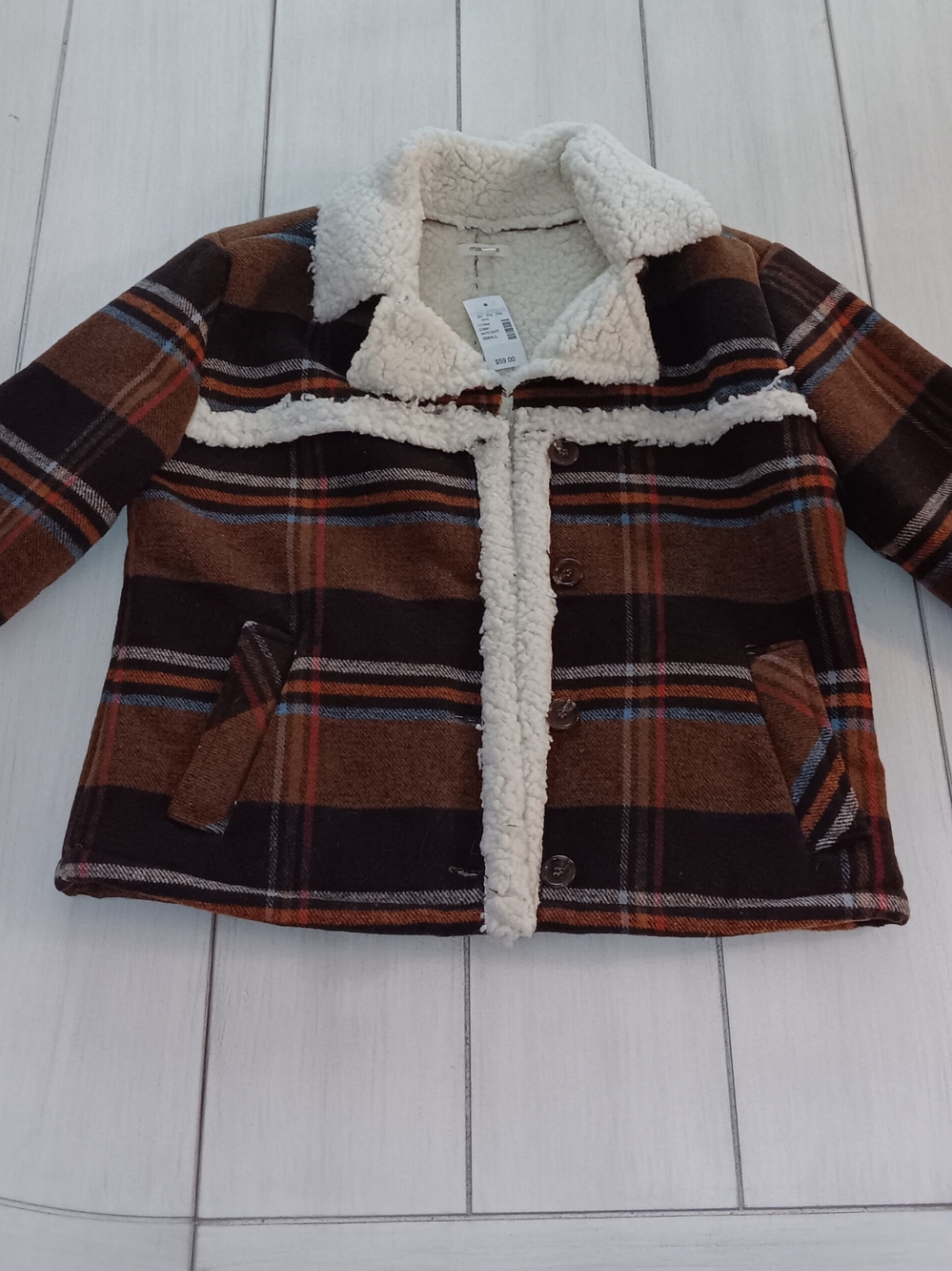 NWT Maurices Brown Plaid Sherpa-Lined Button Jacket